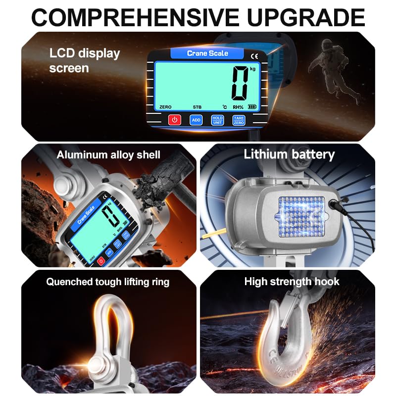 veco chajor Digital Crane Scale 6600 lbs/3000kg/3T Measurable Temperature and Humidity Industrial Heavy Duty Hanging Scale with Remote Control LCD Screen for Construction, Factory, Farm(Silver) - Image 3